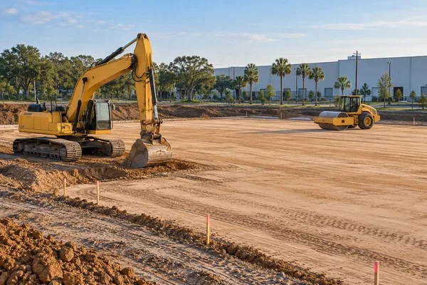 Excavator and soil roller prepare a graded commercial building pad marked with survey stakes.